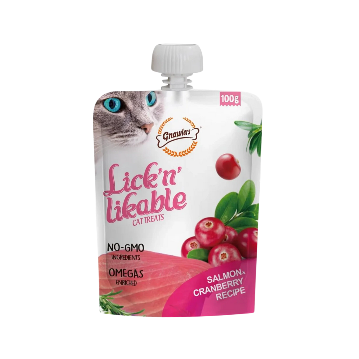 Gnawlers Lick N Likable Salmon and Cranberry Treat Cat Treats, 100g - Animeal