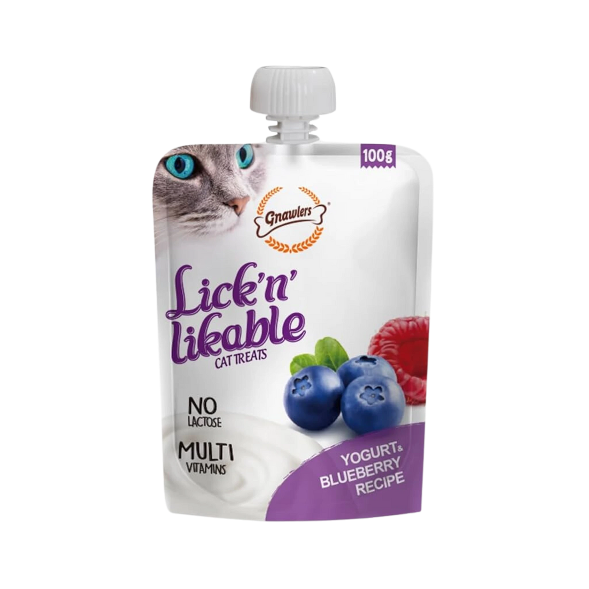 Gnawlers Lick N Likable Yogurt and Blueberry Treat Cat Treats, 100g - Animeal