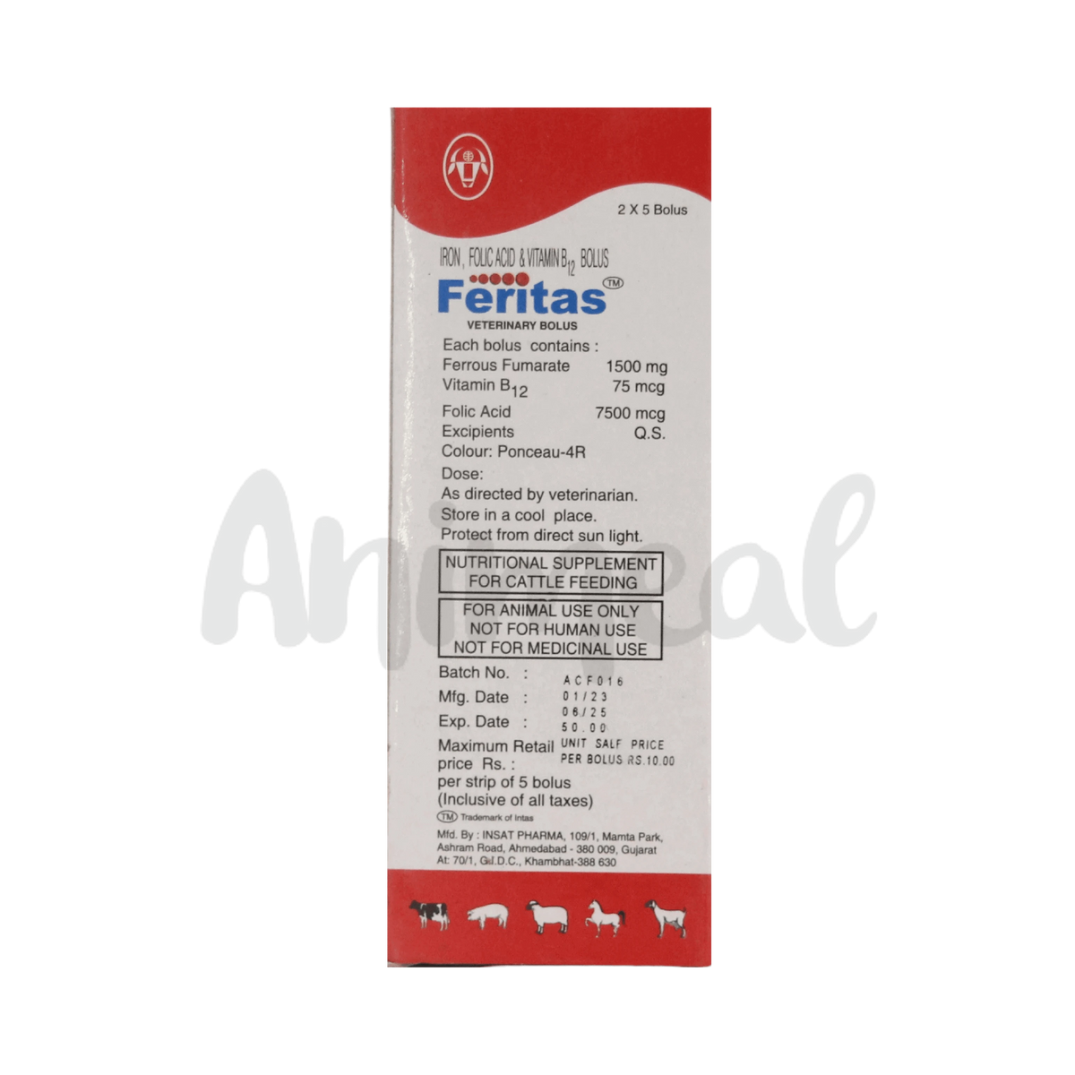 Intas Feritas Bolus for Farm Animals, 5 Boluses - Animeal