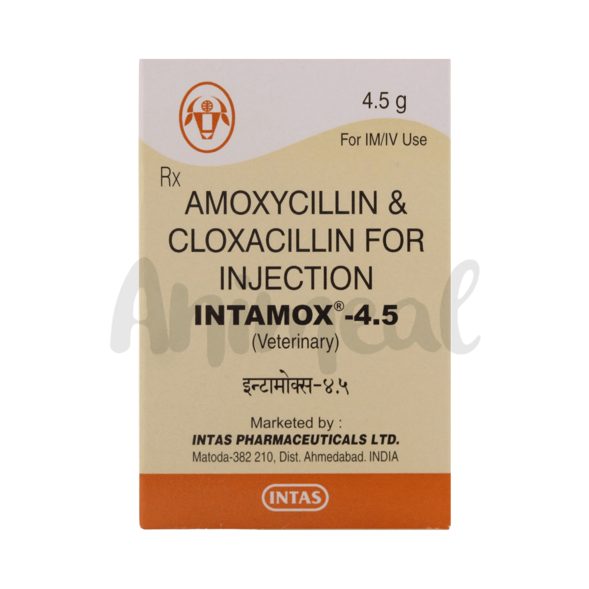 Intas Intamox 4.5g Amoxicillin Injection for Cattle, 1 Vial - Animeal