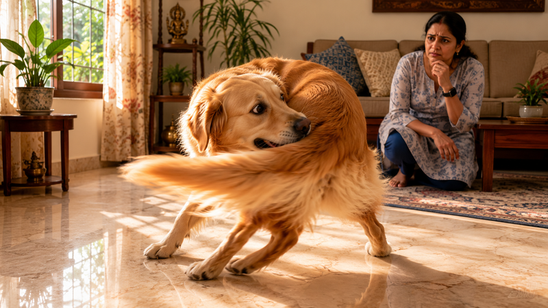 A dog chasing its tail in a circle, illustrating compulsive behaviour in dogs.