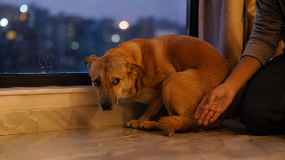  A fearful dog crouching with a tucked tail near a window, in a guide on recognising and helping fear and anxiety in dogs.