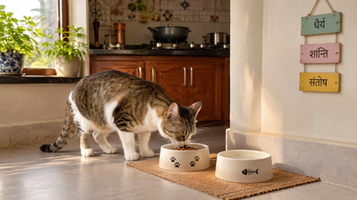 A healthy cat eating from a bowl beside a fresh water bowl in an Indian kitchen corner.
