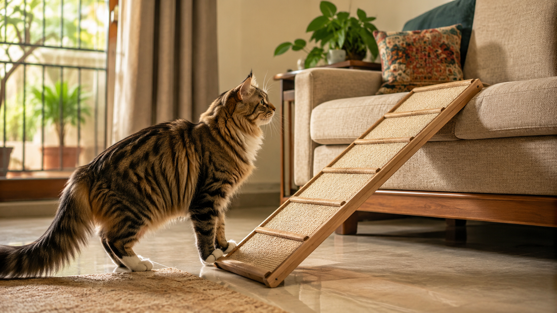 A large Maine Coon cat pausing at a low ramp leading to a sofa in an Indian home -- illustrating the mobility modifications that help cats with hip dysplasia 