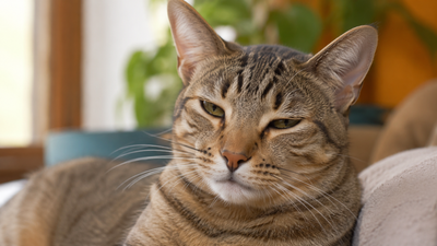 A relaxed cat giving a slow blink, showing trust, in a guide to understanding cat behaviour and body language.