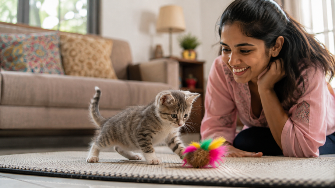 A wobbly kitten with cerebellar hypoplasia playing safely on a non-slip mat at home