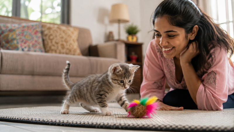 A wobbly kitten with cerebellar hypoplasia playing safely on a non-slip mat at home