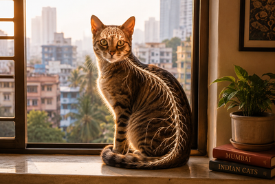 Alert Indian domestic cat on a windowsill showing a subtle brain and spinal cord outline, illustrating the parts of a cat's nervous system. 