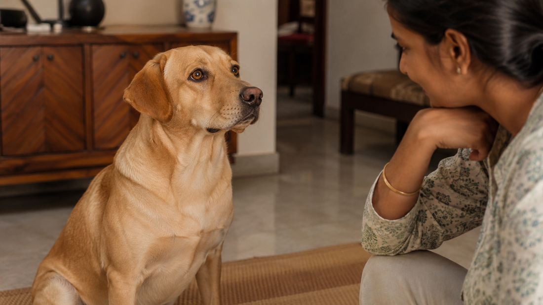 Alert Labrador sitting attentively in an Indian home — representing a dog with a healthy, responsive nervous system.