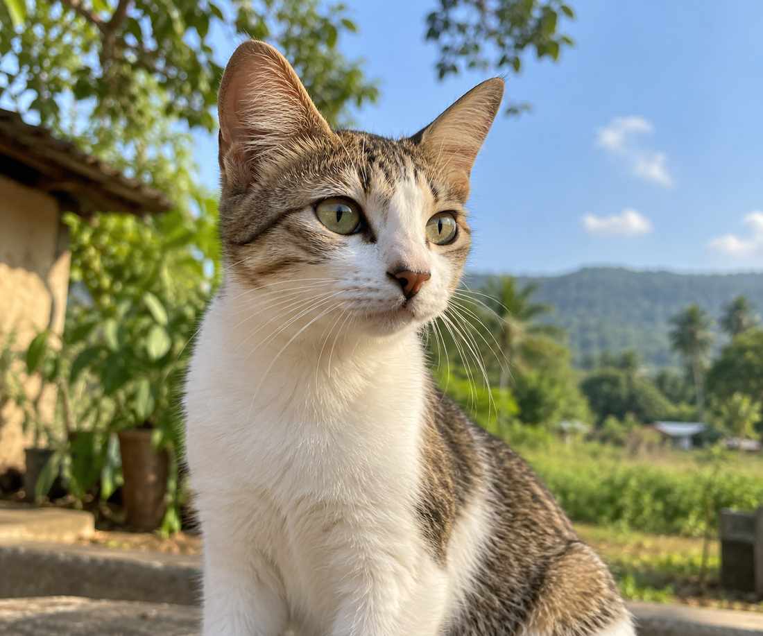 Alert cat in a semi-rural Indian outdoor setting with healthy, clear eyes.