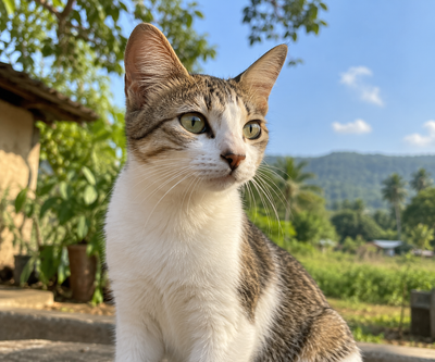 Alert cat in a semi-rural Indian outdoor setting with healthy, clear eyes.