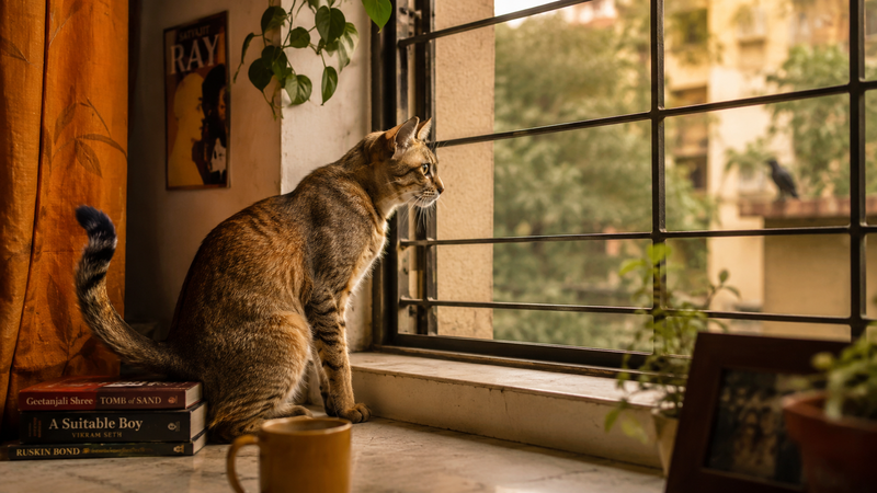 Alert cat watching a street cat through an apartment window — a common trigger for redirected aggression 