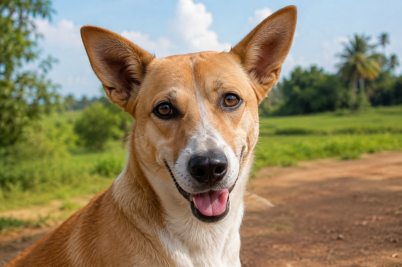 Alert dog in a semi-rural Indian outdoor setting with healthy, clear eyes.