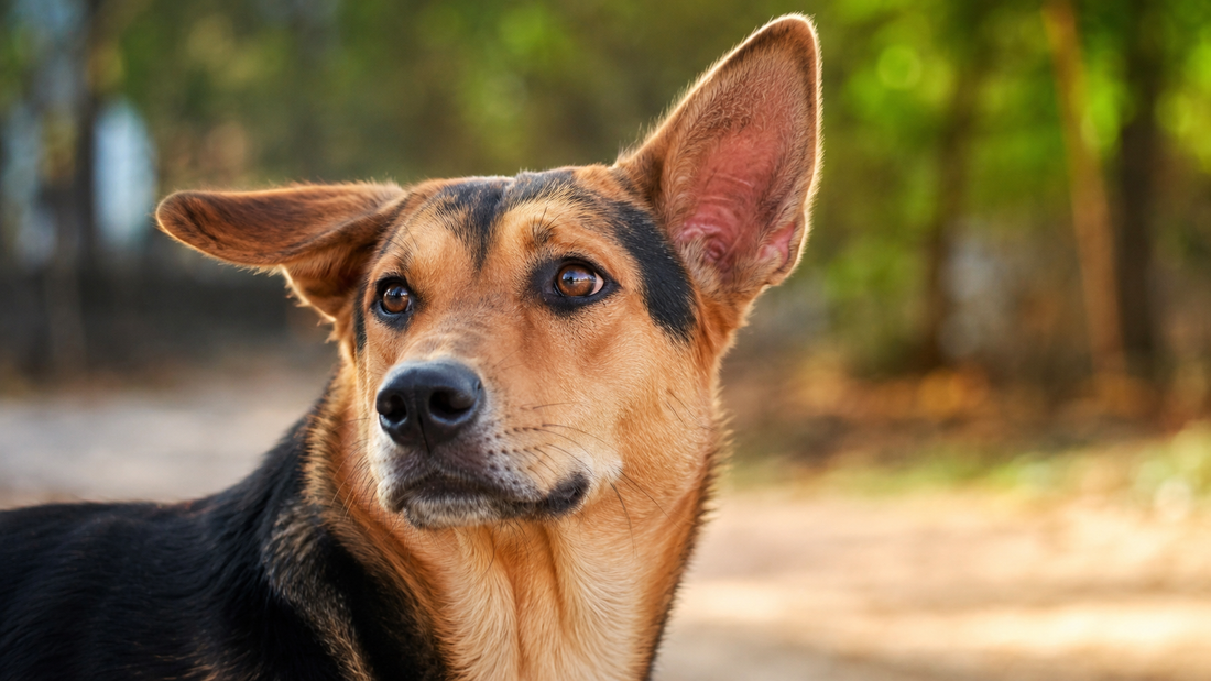 Alert dog turning its ear toward a sound, representing how a dog's ear structure enables directional hearing