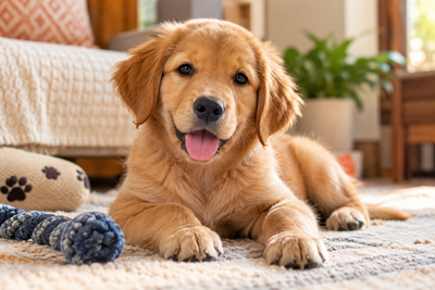 Alert young puppy resting comfortably at home, representing the vulnerable early immune development window.