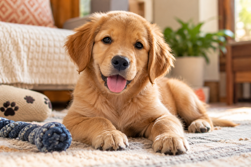 Alert young puppy resting comfortably at home, representing the vulnerable early immune development window.