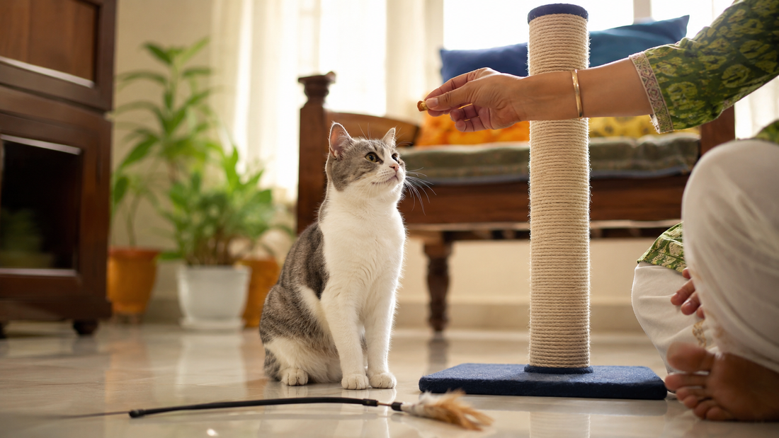  An owner using a treat to reward calm cat behaviour, in a guide on cat behaviour treatments that work.