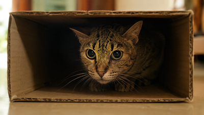 Anxious cat hiding inside a box in an Indian home — a common sign of feline stress and fear