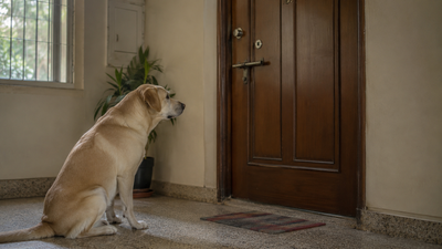 Anxious dog waiting alone by the front door of an Indian home showing signs of separation anxiety