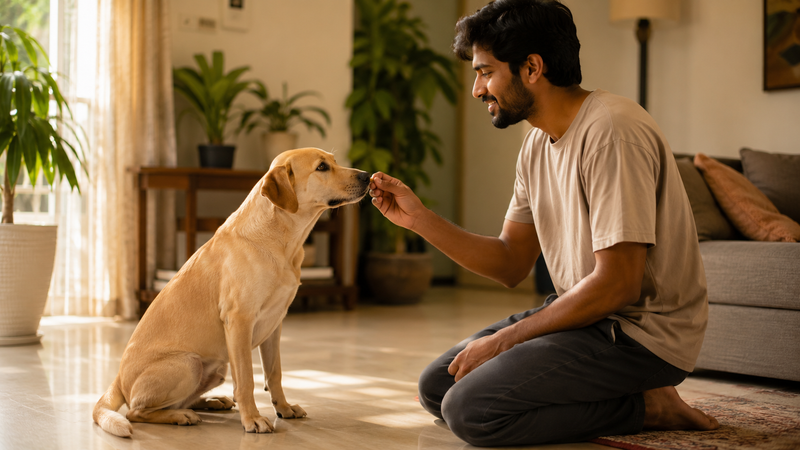 Calm Indian pet dog sitting and being rewarded with a treat by its owner during positive reinforcement training at home 