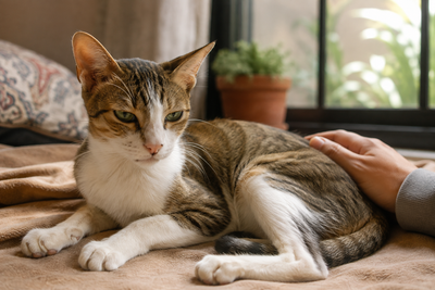 Calm domestic cat resting indoors, illustrating chronic digestive health concerns like IBD in cats.