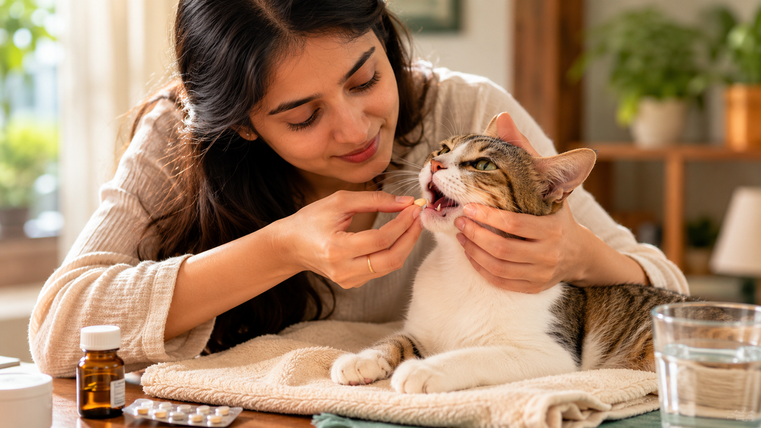 Calm pet parent gently giving a cat a tablet at home on a towel using correct pilling technique
