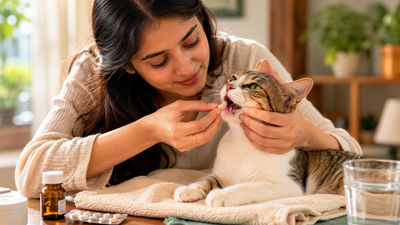 Calm pet parent gently giving a cat a tablet at home on a towel using correct pilling technique