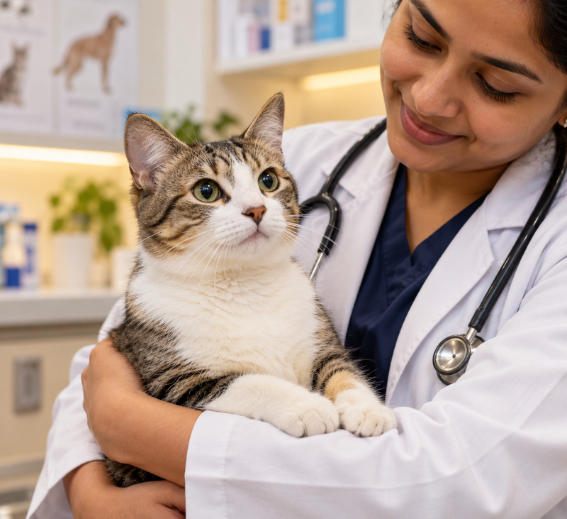 Cat being held safely by a veterinarian in a clinic setting, representing calm emergency care.