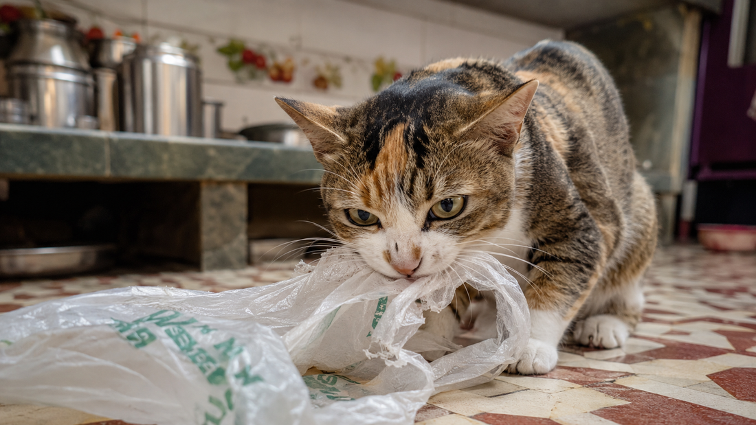 Cat chewing on a plastic bag — a common sign of pica in cats 