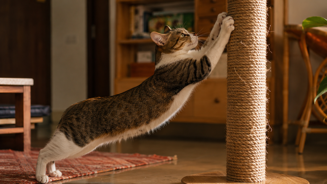 Cat fully stretching on sisal scratching post - appropriate scratching behaviour for cats