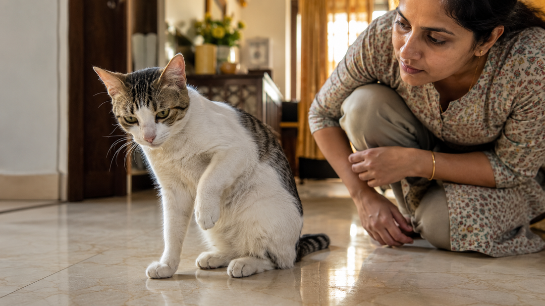 Cat holding up front leg and limping indoors — lameness and limping in cats India 