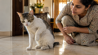 Cat holding up front leg and limping indoors — lameness and limping in cats India 