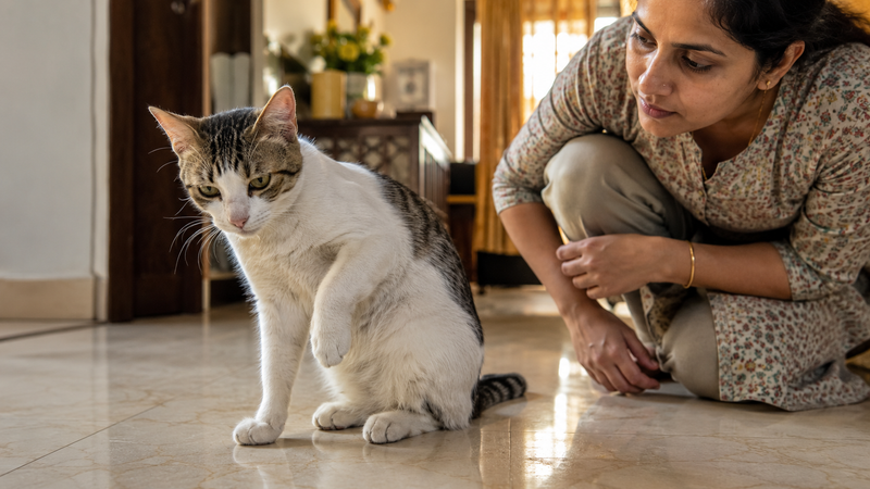 Cat holding up front leg and limping indoors — lameness and limping in cats India 