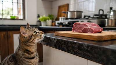 Cat looking at raw meat on a cutting board — illustrating the primary route of sarcocystosis infection in cats through raw meat consumption.