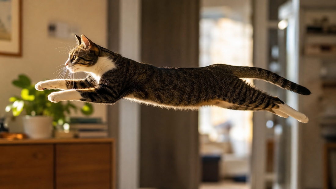  Cat mid-leap showing full spinal extension — the feline spine's spring-like architecture is the source of the cat's jumping power 