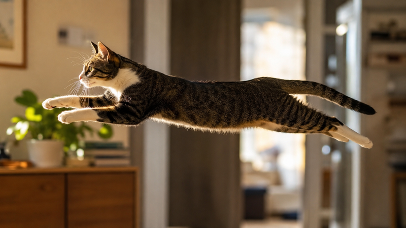 Cat mid-leap showing full spinal extension — the feline spine's spring-like architecture is the source of the cat's jumping power 