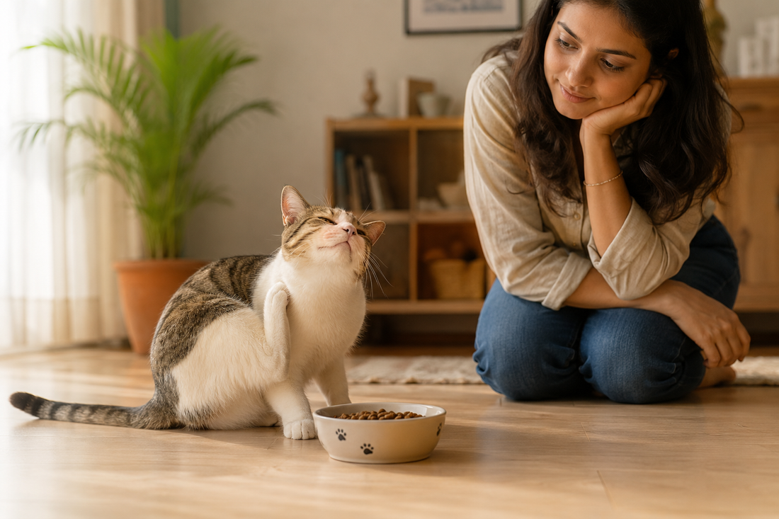 Cat near its food bowl with mild neck itching, illustrating signs of food allergy or intolerance in cats.