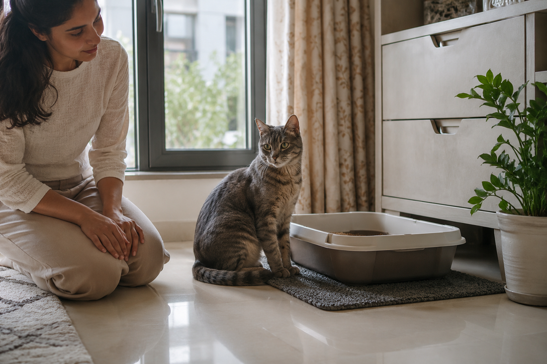 Cat near its litter box, illustrating the frequent, urgent bowel habits associated with colitis in cats.