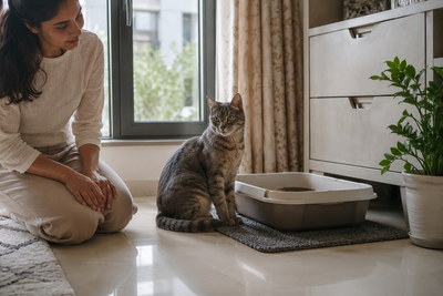 Cat near its litter box, illustrating the frequent, urgent bowel habits associated with colitis in cats.