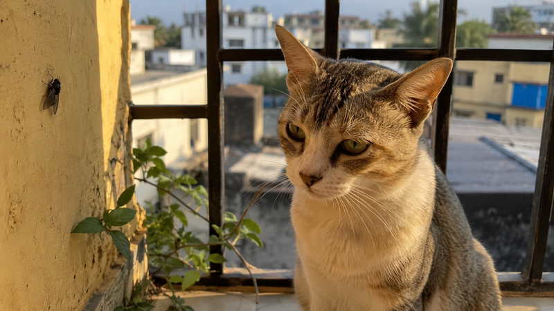 Cat on a balcony near a horsefly — risk of Surra, a blood parasite disease spread by biting flies in India