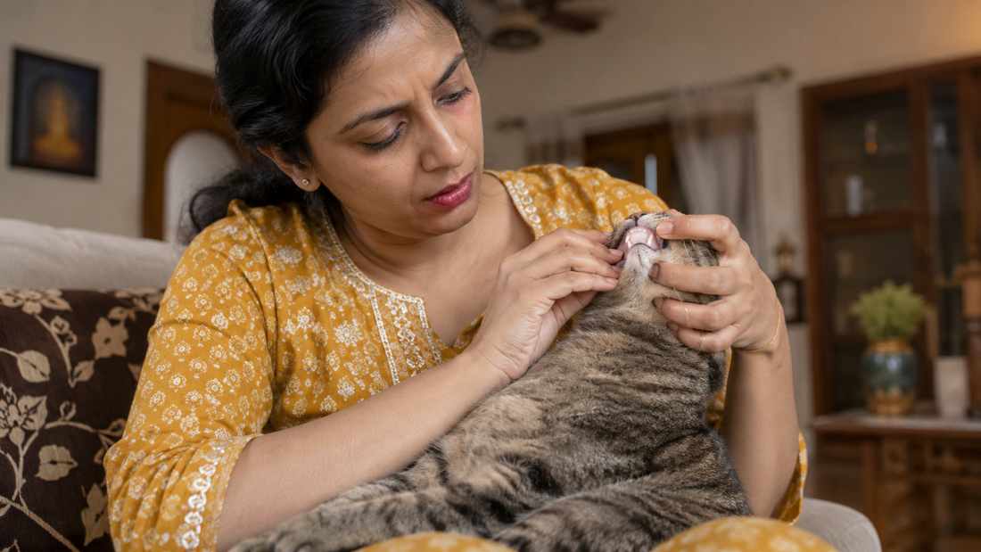  Cat owner checking pale gums — anaemia symptom check at home in India 