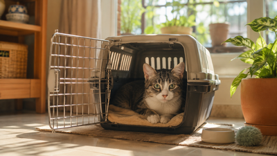Cat resting comfortably in an open carrier at home as part of travel conditioning