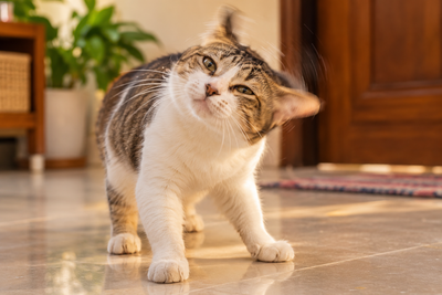 Cat shaking its head, illustrating a common early sign of an ear infection.