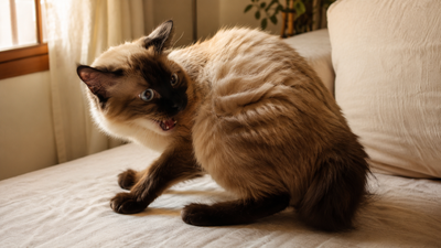 Cat showing skin rolling and back twitching during feline hyperesthesia syndrome episode