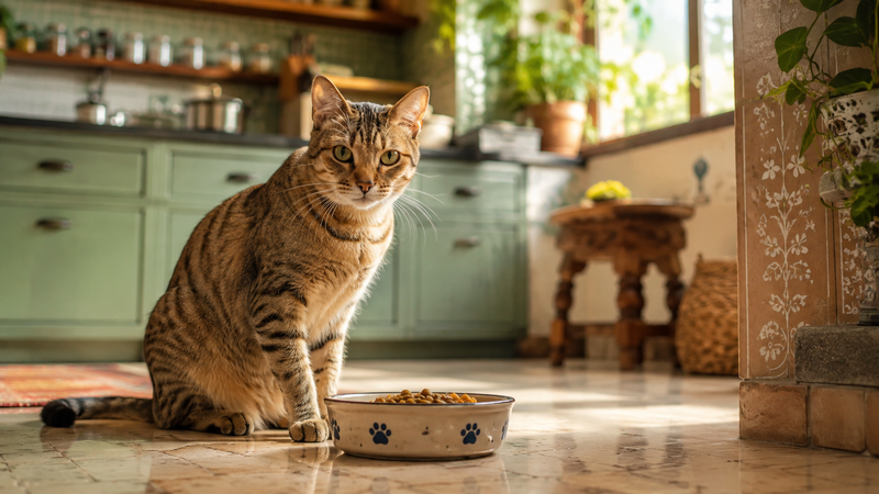 Cat sitting calmly near its food bowl, representing an overview of digestive health in cats