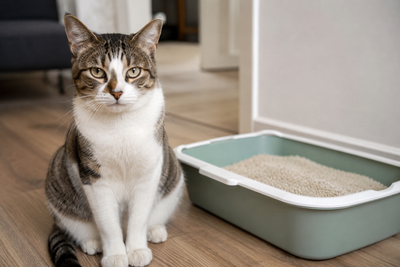 Cat sitting near a clean litter box at home 