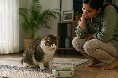 Cat sitting near an untouched food bowl, illustrating the early warning sign of hepatic lipidosis in cats.