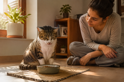 Cat sitting near its food bowl with a subtle swallowing discomfort, illustrating signs of acid reflux in cats.