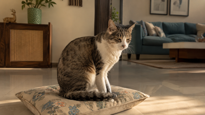 Senior cat showing signs of joint stiffness and reluctance to jump — a common early indicator of musculoskeletal disease in older cats