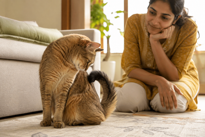 Cat turning to look at its tail base, illustrating the scooting and licking signs of anal gland problems in cats.